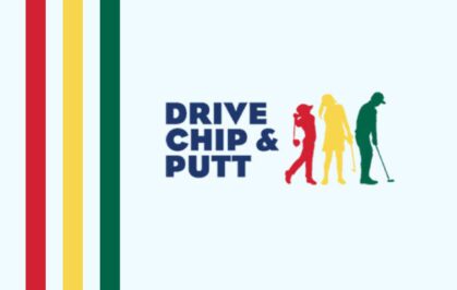 Banner with colorful stripes and Drive, Chip & Putt logo.