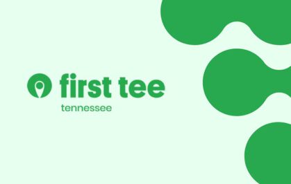 First Tee logo on light green background with green abstract graphic.