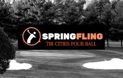 Spring Fling Tri-Cities Four Ball event logo on black & white photo of golf course.
